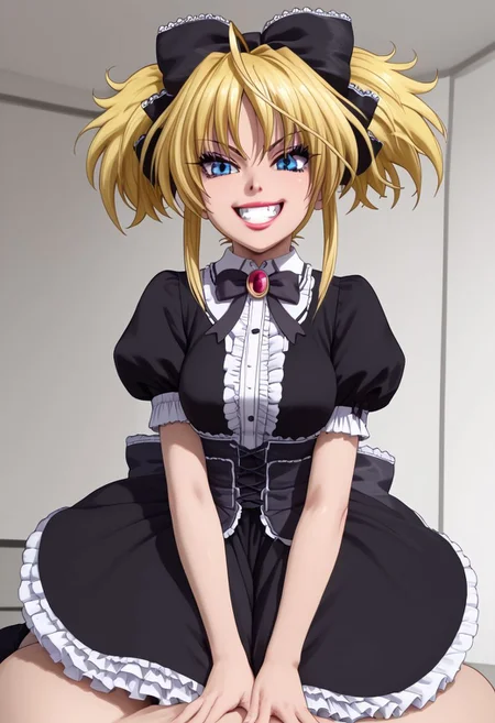 Masterpiece, best quality, high quality, highres, 4k, detailed face, detailed_eye_model, Expressiveh, mittelt, blonde hair, blue eyes, narrowed eyes, messy hair, bangs, ahoge, short twintails, medium hair, sidelocks, fang, hair bow, gothic, medium breasts, ahoge, shortstack, grin, shiny lips, lipgloss, gyaru, bmbplora, long eyelashes, gothic dress, frilled dress, parasol,