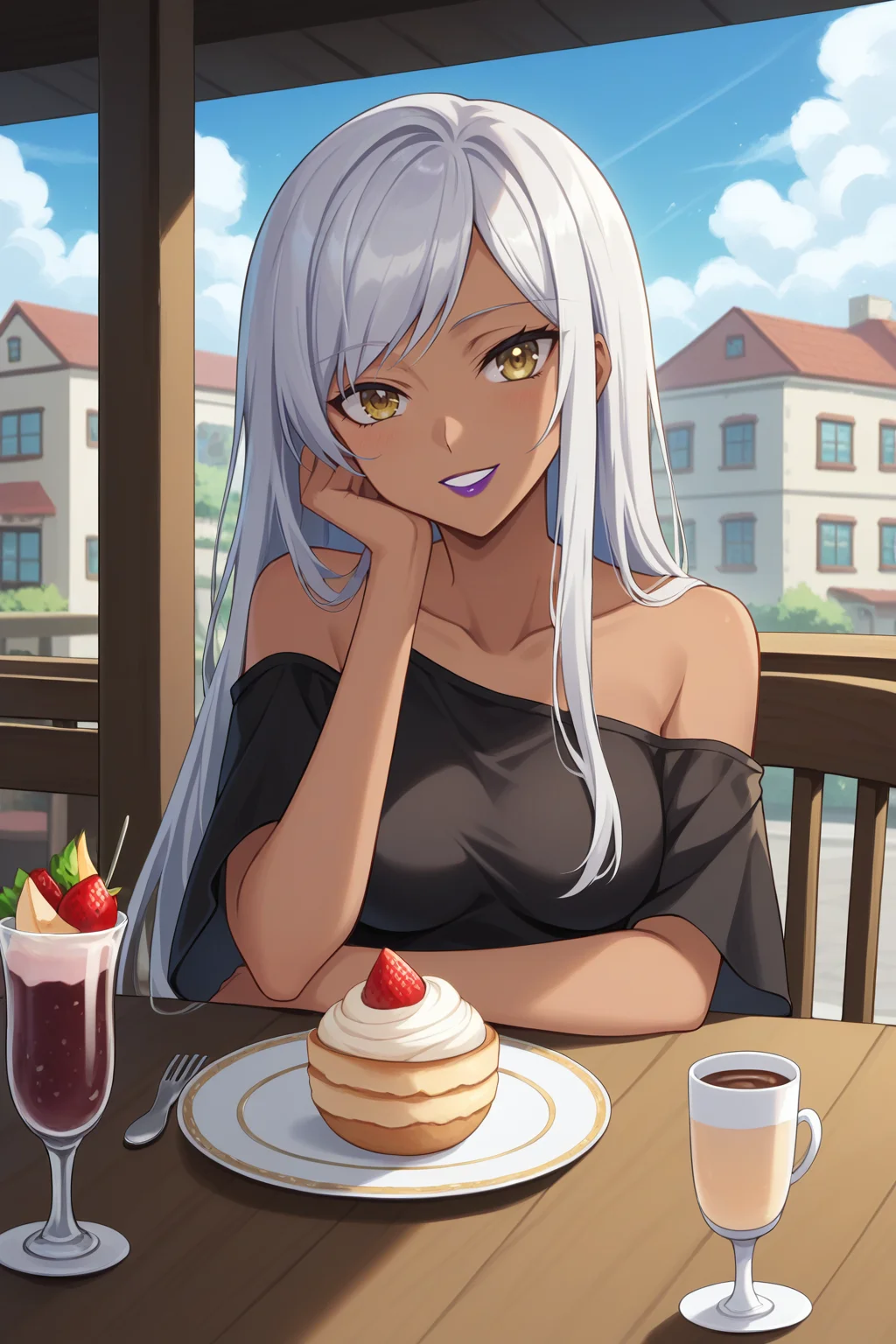 score_9, score_8_up, score_7_up, source_anime, 1girl, prefect lighting, very aesthetic, intricate details, highly detailed background, masterpiece, high quality, prefect hands, best quality, solo,
<lora:Villetta_Nu_Code_Geass_V2:.85>, KJOVilletta, white hair, yellow eyes, long hair, purple lipstick, dark skin,
brown belt, black oversized t-shirt, off shoulders, bare shoulders,
cup, smile, window, looking at viewer, indoors, pov across table, cafe, spoon, sitting, teacup, parfait, food, ice cream, upper body, chair, saucer, pov dating, head tilt, head rest,
patio, outside, restaurant, wood table, railing, stone street, buildings, sunny day, cloudy sky,
(Beautiful, medium Breasts:1.2), natural breasts,