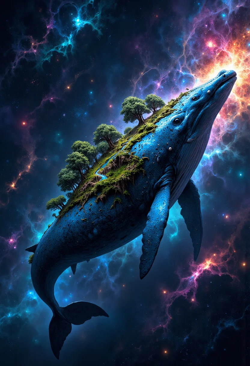 A giant blue whale floating through space. A landscape with trees, grass and a river grows on his back. The background is dominated by a colorful nebula. <lora:MysticFantasy:1>