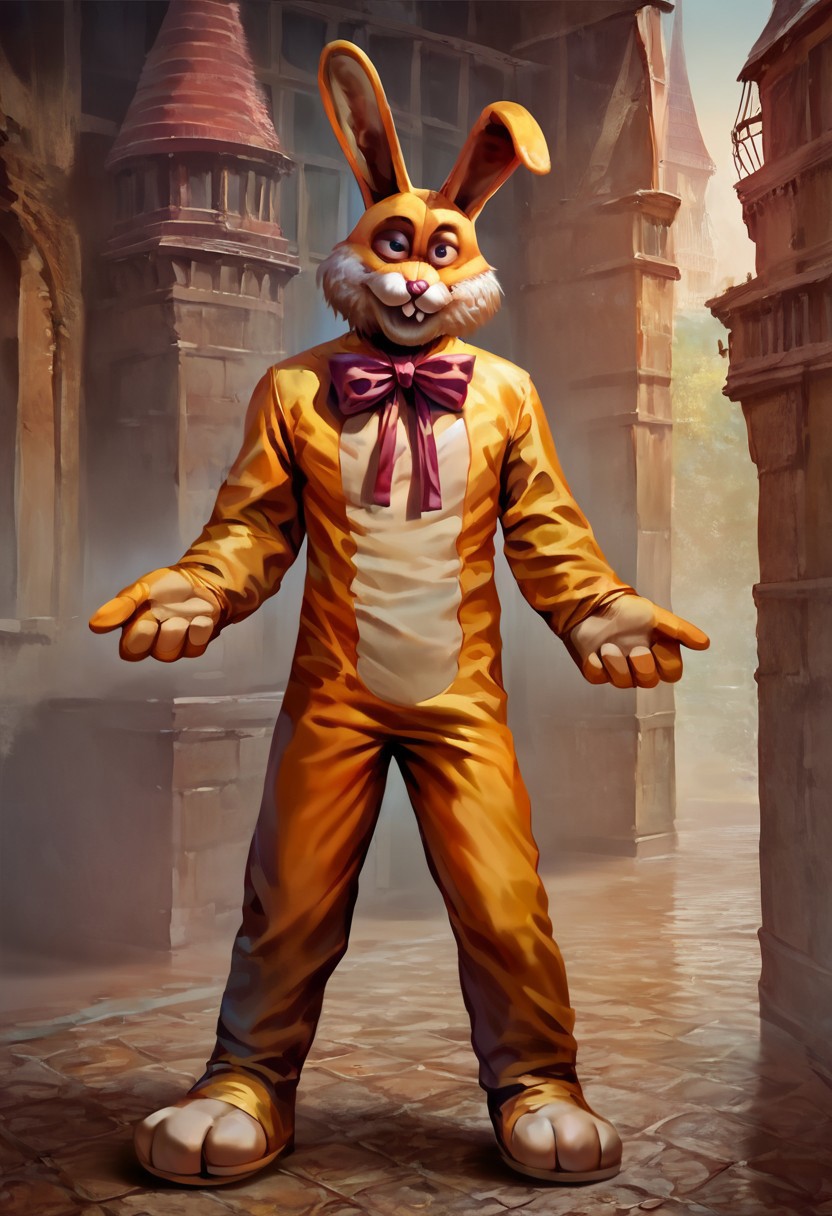 score_9, score_8_up, score_7_up, ((luckytherabbit)), source_furry, full body, solo, (yellow fur, rabbit costume), (masterpiece, best quality:1.2), (perfect hands, perfect anatomy), (detailed face, detailed body), purple bow, black eyes, beautiful eyes, male, correct eyes, solo, concept art, realistic