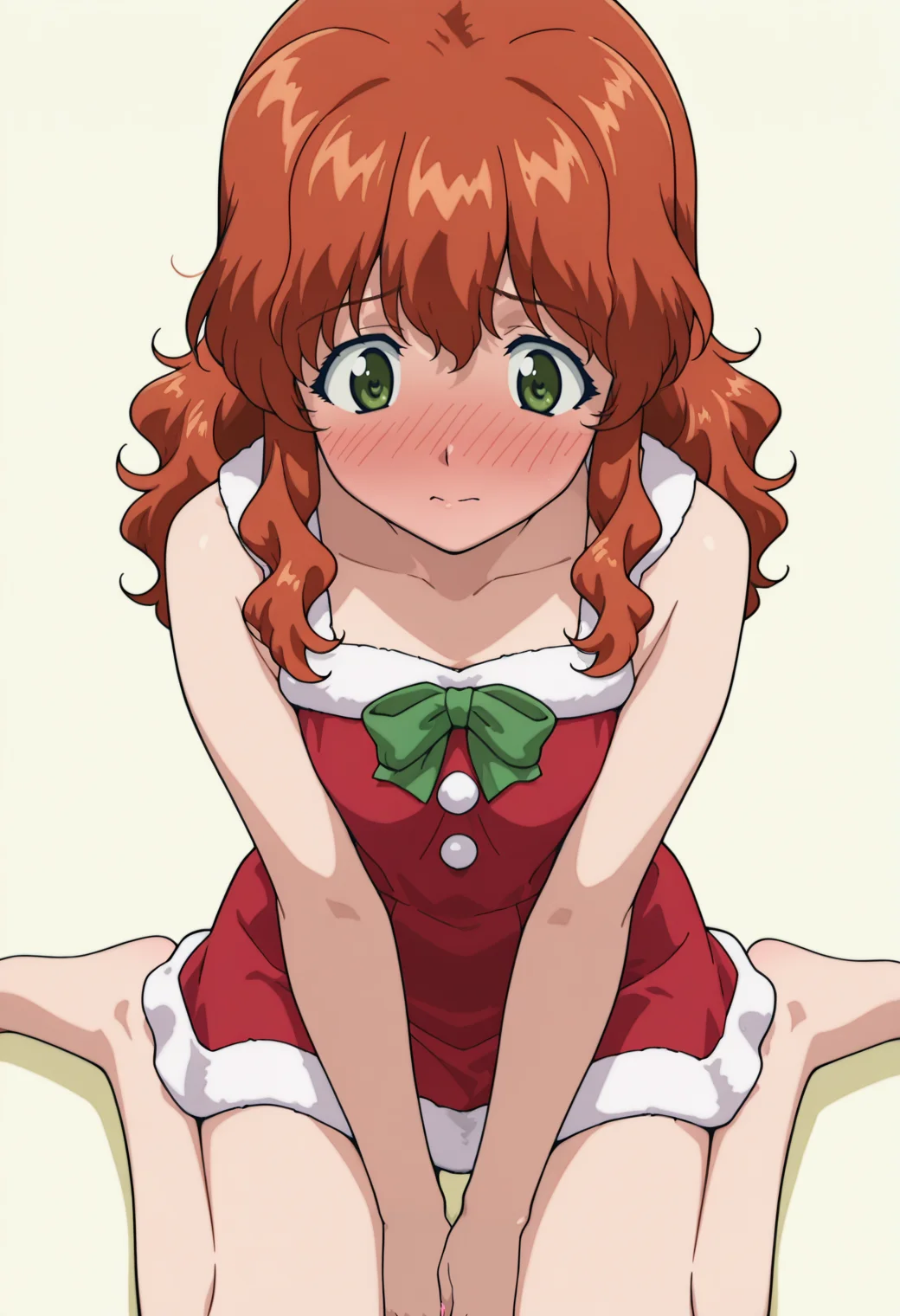 masterpiece, best quality, amazing quality, anime coloring, anime screencap, solo, 1girl, <lora:DX888KaedeIL:1>misumi kaede, green eyes, wavy hair, long hair, hair down, orange hair, embarrassed, full-face blush,  red dress, fur-trimmed dress, microdress two-sided dress,   BREAK ( simple background:1.3),   yellow  background pastel background, BREAK  dynamic pose, wariza,  from above,