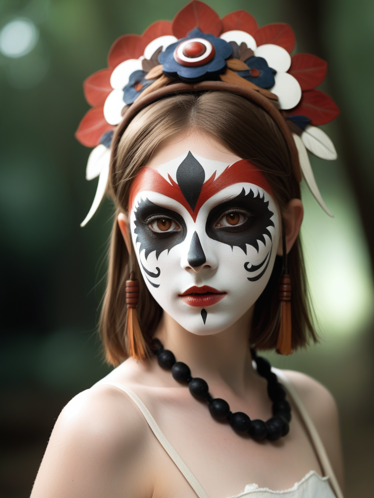 <lora:08SurealismArt_Hap_XL:1>,  frida kahlo style,   1girl, San(/Princess Mononoke)/,(ultra HD quality details), pale skin, brown hair, facepaint, brown eyes, short hair, mask on head,