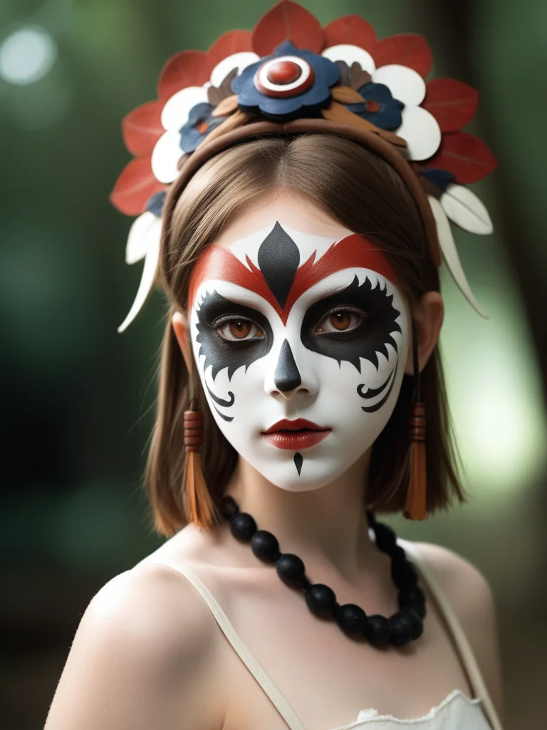 <lora:08SurealismArt_Hap_XL:1>, frida kahlo style, 1girl, San(/Princess Mononoke)/,(ultra HD quality details), pale skin, brown hair, facepaint, brown eyes, short hair, mask on head,
