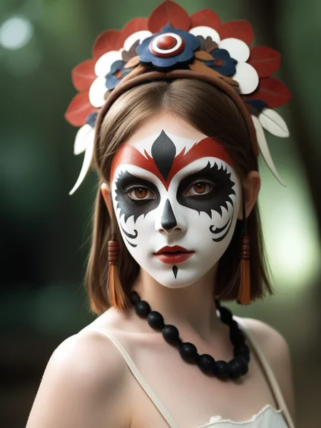 <lora:08SurealismArt_Hap_XL:1>, frida kahlo style, 1girl, San(/Princess Mononoke)/,(ultra HD quality details), pale skin, brown hair, facepaint, brown eyes, short hair, mask on head,