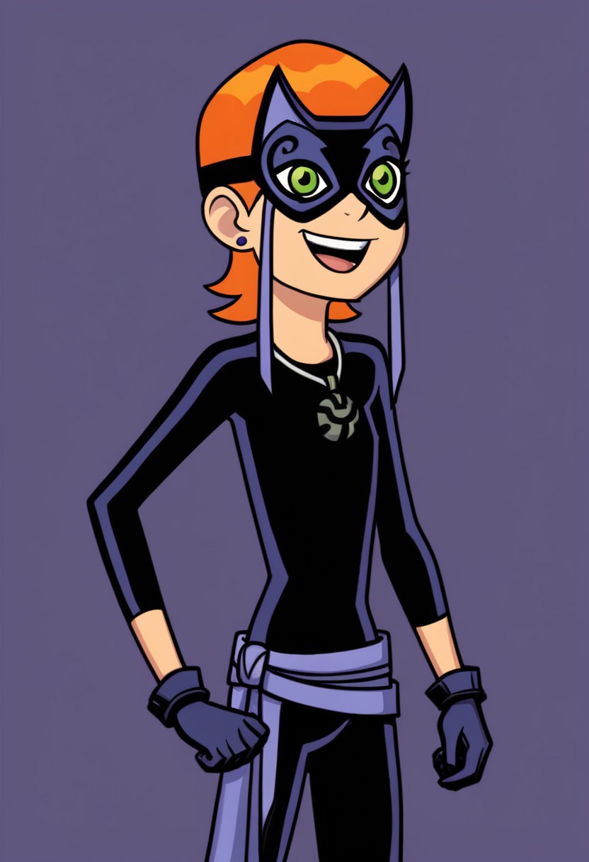 ss_luckygirl, 1girl, mask, solo, green eyes, orange hair, gloves, jewelry, bodysuit, smile, earrings, open mouth, domino mask, flat chest, purple background, short hair,belt,smile,looking at viewer