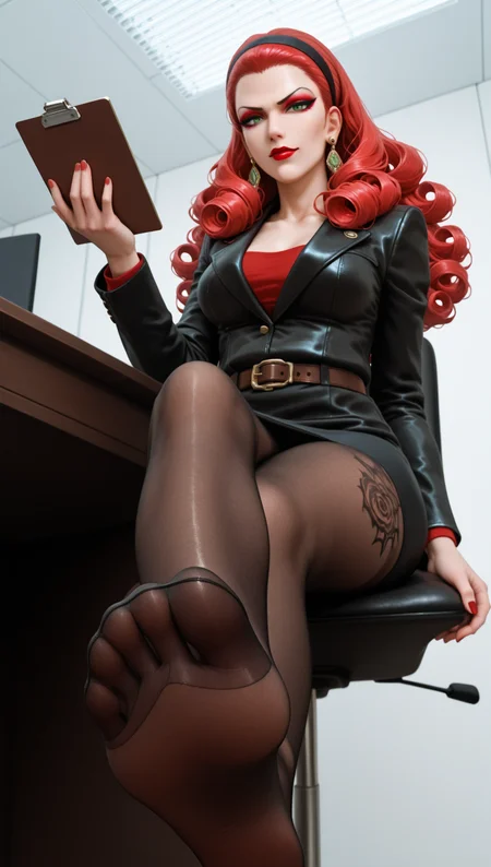 <lora:pauline-pdxl-nvwls-v1:0.4>,
smopalne, long red hair, green eyes, eyeshadow, red lipstick, medium breasts, earrings, black jacket, black pants, black skirt, looking at viewer, serious, smiling, sitting, legs crossed,  from below, inside office, on chair, desk, holding clipboard, pantyhose, stockings. <lora:add-detail-xl:1>,  <lora:HandFineTuning_XL:1>,  <lora:Rockabilly:0.4> r0ckabilly, Lipstick, earrings, tattoo, curly hair, belt, dress, hairband,  soles, foot focus,  <lora:Tattoo:0.7> Tattoo,  <lora:pantyhose_soles:0.5> pantyhose_soles, pantyhose, soles