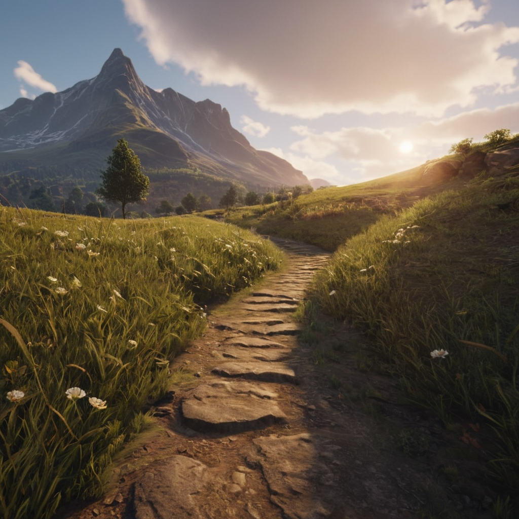 cinematic film still of  <lora:Hyperrealism style v2:1>
An Unreal Engine image of a small path in a field with a mountain in the background,outdoors,sky,cloud,tree,no humans,sunlight,cloudy sky,grass,nature,scenery,forest,sunset,mountain,sun,road,landscape , realistic, realism, photorealism, hyperrealism, hyperrealistic, realistic, sharp, detailed, cinematography style, film light style, movie still,  professional photography, artistic, perfection, contrast, cinematic, filmic, high quality photo,  8k quality, colorful, photography style, 3D computer graphics, Blender, 3ds Max, Maya, Cinema 4D, ZBrush, AutoCAD, LightWave 3D, Adobe Dimension, virtual reality, 3d, different people, different characters, different models, detailed eyes, detailed nose, detailed ears, detailed environment, detailed body, detailed face, detailed nipples, detailed breasts, detailed feet, detailed hands, perfect, perfection, epic, awesome, Interactive, Cybernetics, different lighting, light, Video games, Film and television, Unreal, real-time 3D,  Epic Games style, Unreal Engine style, shallow depth of field, vignette, highly detailed, high budget, bokeh, cinemascope, moody, epic, gorgeous, film grain, grainy