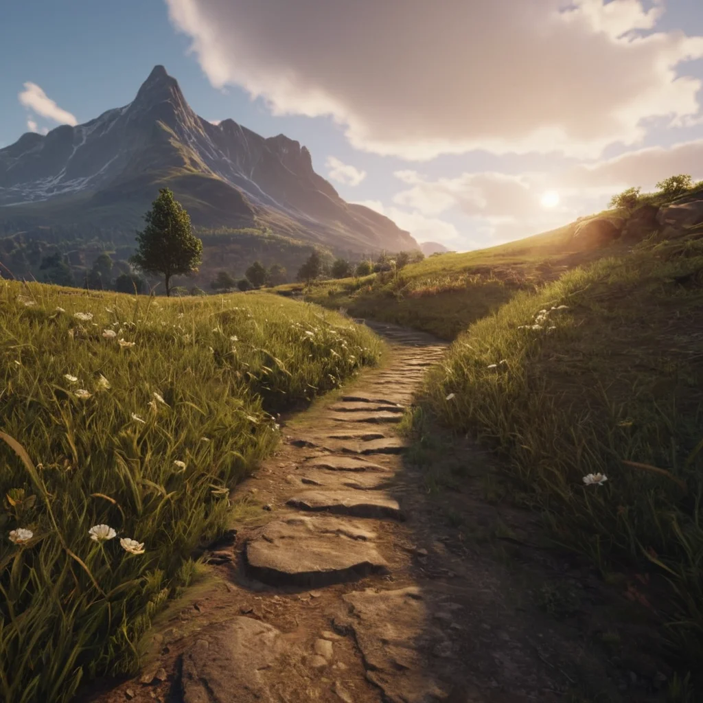 cinematic film still of <lora:Hyperrealism style v2:1>
An Unreal Engine image of a small path in a field with a mountain in the background,outdoors,sky,cloud,tree,no humans,sunlight,cloudy sky,grass,nature,scenery,forest,sunset,mountain,sun,road,landscape , realistic, realism, photorealism, hyperrealism, hyperrealistic, realistic, sharp, detailed, cinematography style, film light style, movie still, professional photography, artistic, perfection, contrast, cinematic, filmic, high quality photo, 8k quality, colorful, photography style, 3D computer graphics, Blender, 3ds Max, Maya, Cinema 4D, ZBrush, AutoCAD, LightWave 3D, Adobe Dimension, virtual reality, 3d, different people, different characters, different models, detailed eyes, detailed nose, detailed ears, detailed environment, detailed body, detailed face, detailed nipples, detailed breasts, detailed feet, detailed hands, perfect, perfection, epic, awesome, Interactive, Cybernetics, different lighting, light, Video games, Film and television, Unreal, real-time 3D, Epic Games style, Unreal Engine style, shallow depth of field, vignette, highly detailed, high budget, bokeh, cinemascope, moody, epic, gorgeous, film grain, grainy