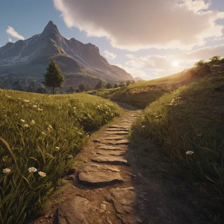 cinematic film still of <lora:Hyperrealism style v2:1>
An Unreal Engine image of a small path in a field with a mountain in the background,outdoors,sky,cloud,tree,no humans,sunlight,cloudy sky,grass,nature,scenery,forest,sunset,mountain,sun,road,landscape , realistic, realism, photorealism, hyperrealism, hyperrealistic, realistic, sharp, detailed, cinematography style, film light style, movie still, professional photography, artistic, perfection, contrast, cinematic, filmic, high quality photo, 8k quality, colorful, photography style, 3D computer graphics, Blender, 3ds Max, Maya, Cinema 4D, ZBrush, AutoCAD, LightWave 3D, Adobe Dimension, virtual reality, 3d, different people, different characters, different models, detailed eyes, detailed nose, detailed ears, detailed environment, detailed body, detailed face, detailed nipples, detailed breasts, detailed feet, detailed hands, perfect, perfection, epic, awesome, Interactive, Cybernetics, different lighting, light, Video games, Film and television, Unreal, real-time 3D, Epic Games style, Unreal Engine style, shallow depth of field, vignette, highly detailed, high budget, bokeh, cinemascope, moody, epic, gorgeous, film grain, grainy