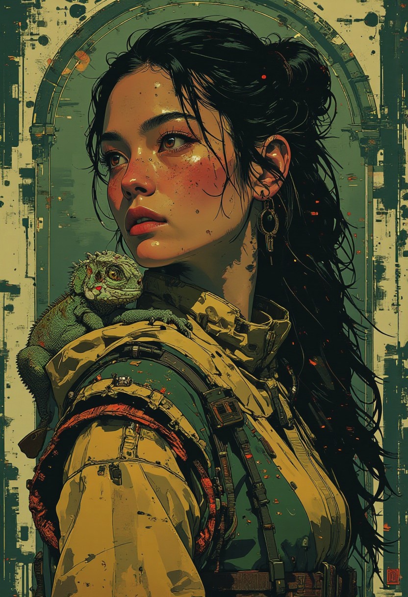 A hyper-realistic close-up portrait of a young medieval woman with jet-black hair cascading in soft waves, framing her pale, delicate face. She wears a traditional medieval dress in earthy tones, adorned with intricate woven patterns along the neckline and edges, evoking craftsmanship and heritage. Resting gracefully on her shoulder is a small iguana, its textured scales shimmering in shades of green and amber, its sharp eyes alert yet calm. Her expression exudes quiet introspection, highlighting the fine details of her arched brows, soft lips, and smooth complexion. The juxtaposition of her serene, timeless presence against the dynamic, elliptical patterns of the background creates a striking contrast. The background features swirling, elliptical geometric shapes in muted greens and browns, reminiscent of an abstract forest edge, evoking movement and depth. Photographed with a Canon EOS R5, paired with a 50mm f/1.2L lens at ISO 200, ensuring razor-sharp focus on her features while softening the surrounding elements with creamy bokeh. The elliptical patterns in the background are enhanced by the low depth of field, creating a mesmerizing visual effect.