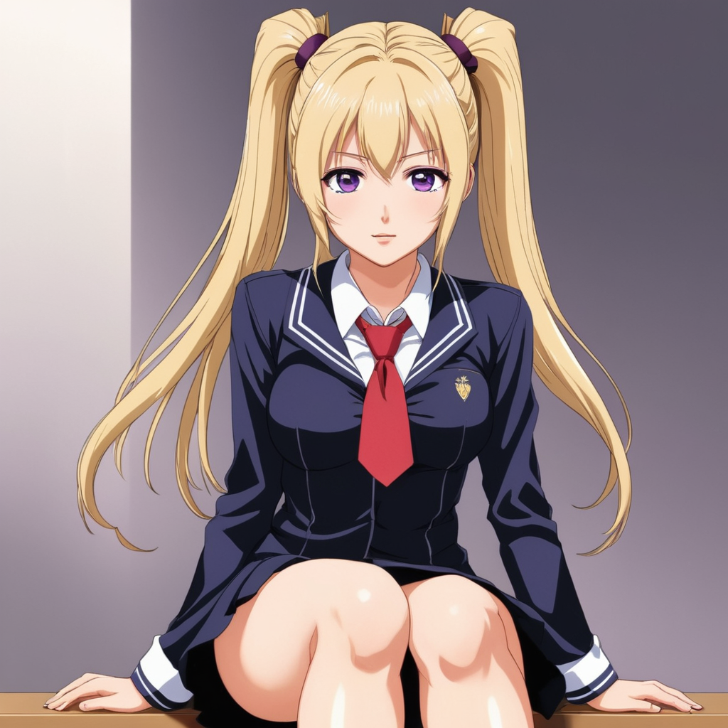anime artwork of  <lora:Chiaroscuro Lighting Style:0.8>Chiaroscuro Lighting Style
 <lora:BB_Kaori Saeki:0.2> Kaori Saeki blonde (((purpleeyes))) ((closeup))
Kaori Saeki a woman in a school uniform is posing,1girl,solo,long hair,blue eyes,skirt,blonde hair,simple background,long sleeves,white background,school uniform,pleated skirt,necktie,red skirt,blonde hair,long hair,eroge,anime,manga,nsfw,cartoon,Adult animation,explicit,Original video animation,Baiburu Burakku style,Bible Black style ,blonde hair, long hair, pony tail, eroge,anime,manga,nsfw,cartoon,Adult animation,explicit,Original video animation, Baiburu Burakku style, Bible Black style, school girl outfit, anime style, key visual, vibrant, studio anime,  highly detailed