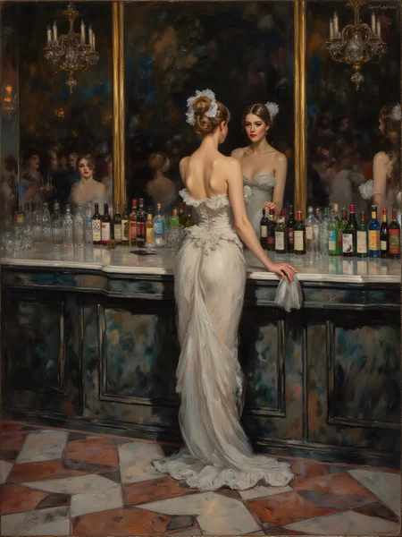Édouard Manet, A Bar at the Folies-Bergère,
The image shows a barmaid standing behind a marble counter, surrounded by bottles and glasses. Her reflection is visible in a large mirror behind her, revealing a bustling crowd in the background.
barmaid, marble counter, bottles, glasses, reflection, mirror, crowd, bustling, nightlife