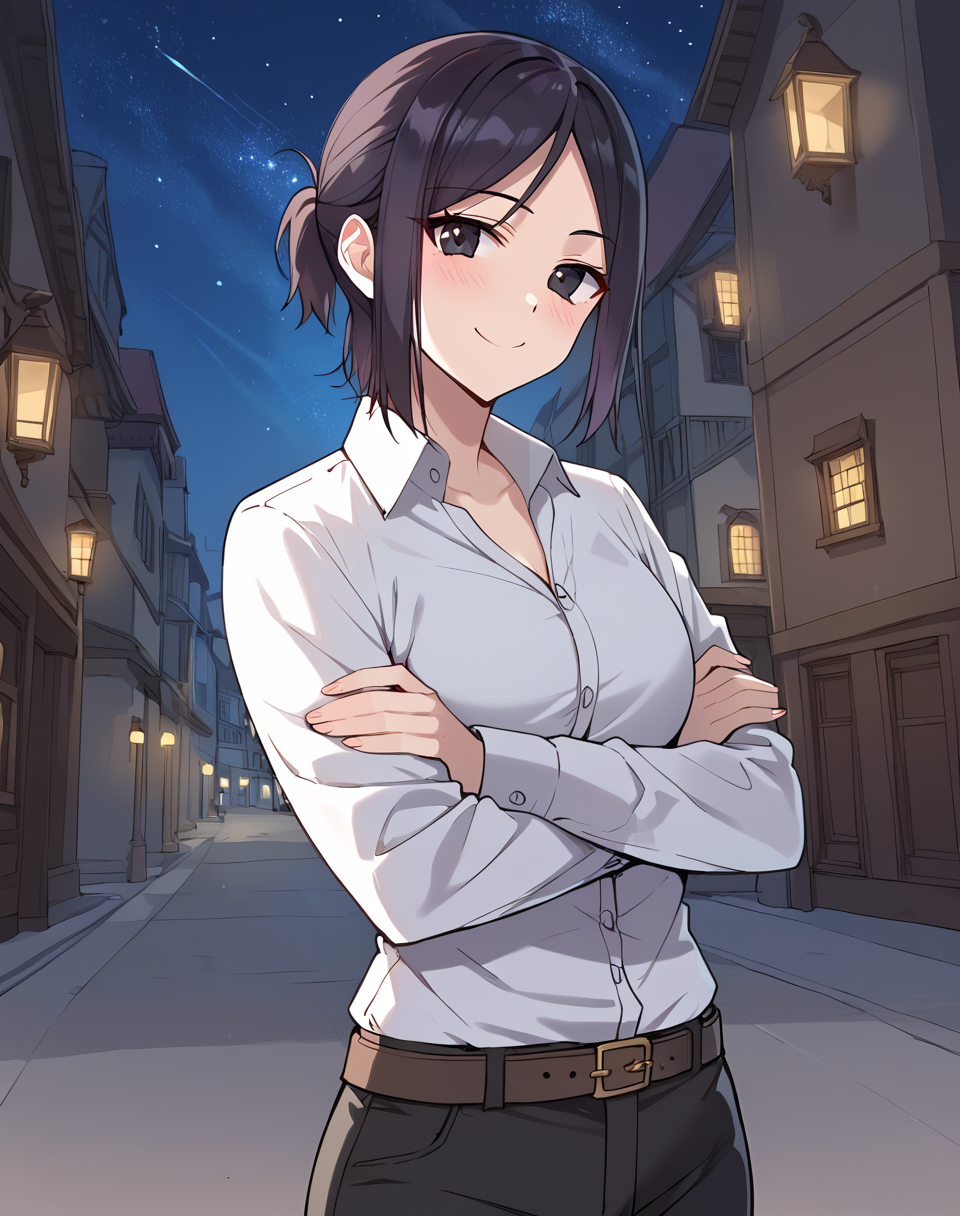 adriana_manhwa, black hair, short hair, black eyes, short ponytail, white dress shirts, black short pants, belt, BREAK outdoors, city, night, starry sky, BREAK crossed arms, smile, blush, looking at viewer BREAK score_9, score_8_up, score_7_up, source_anime ,zPDXL, <lora:Adriana:0.8>, cowboy shot