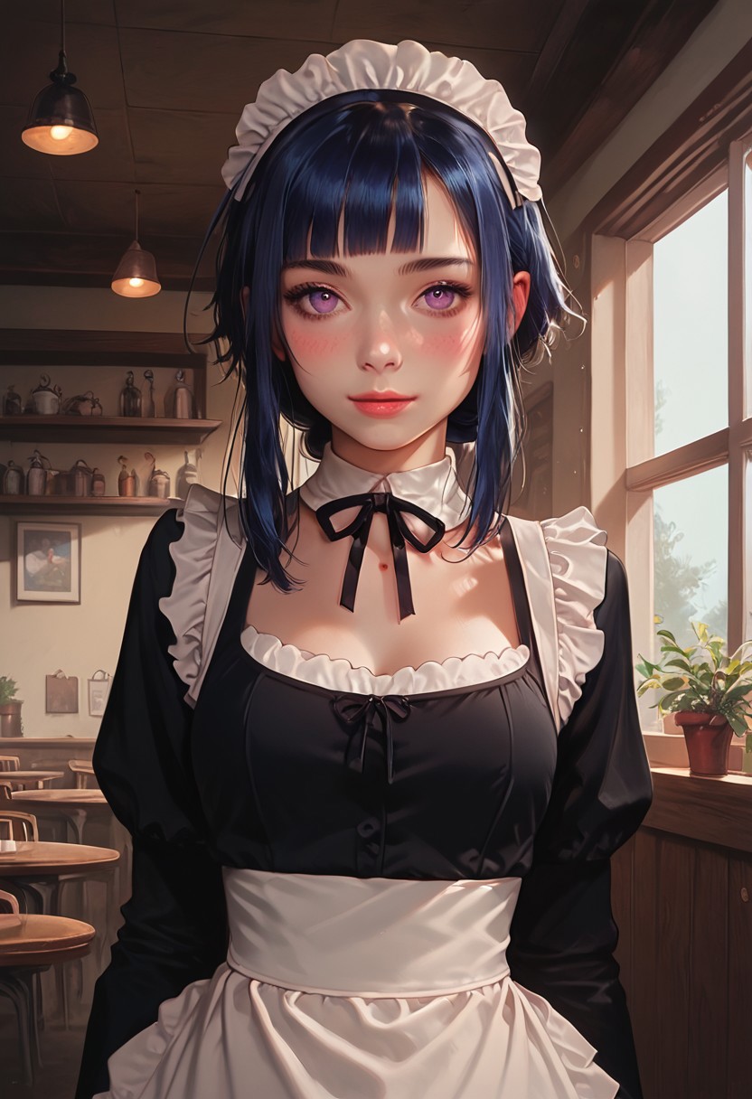 score_9, score_8_up, score_7_up, score_6_up, realistic_body, realistic,  1girl, upper body, medium shot, detailed, mgrcasukatatsuki, blue hair, sidelocks, low ponytail, purple eyes, maid outfit, maid headwear, blush, light smile, indoors, cafe,