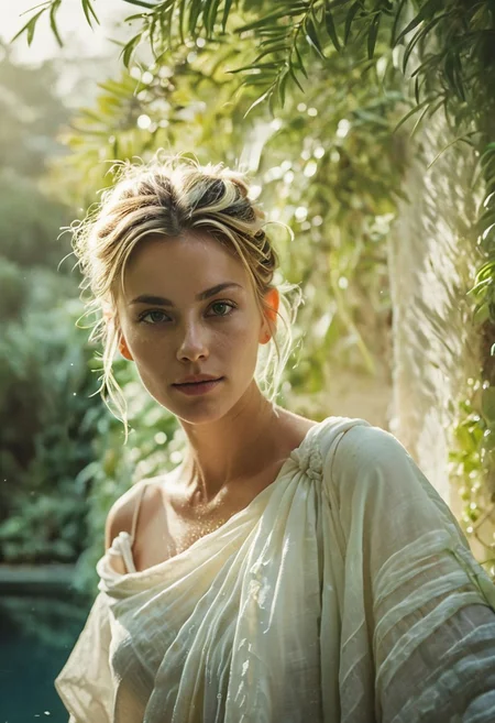 highly detailed and hyper realistic novuschroma37 style NightScapes Woman Portrait photo, high-contrast monochrome palette, freckled ancient Busty blonde with Messy Hairbun wearing White See through linen toga, light smile, subtle grain, timeless feeling, cinematic quality, modern art photograph, A breathtaking photo capturing the magnificence of the Hanging Gardens of Babylon by night, The image showcases the immense, lush terraces with cascading steps around a vibrant crystal turqoise and deep blue tiled swimming lake inviting to take a bath, lavishly adorned with marble and crafted from the finest stones. The pastel-hued tiled steps are teeming with exotic plants, creating a vibrant and verdant paradise. Birds flit gracefully among the foliage, adding to the enchanting ambiance of this ancient marvel., , limited dark palette, vibrant colors, faded, atmospheric haze, highly dramatic cinematic lighting, motion blur, film grain, professional, excellent composition, finest details, maximized details, ultimate detail level, masterpiece, best quality, ISO 300, 1/250s, F/2,8, 38 mm, extremely high quality RAW photograph, 4k, sharp focus, high resolution, 8k UHD, DSLR, high quality, film grain, Fujifilm XT3