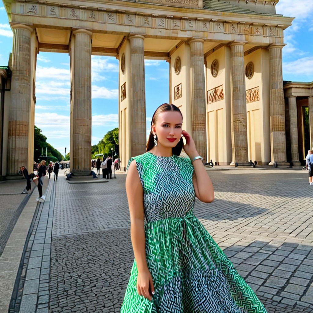 Berlin, Brandenburg Gate, historical architecture, Pariser Platz, 
brandenburg gate in berlin, six tall columns, 6 tall pillars, neoclassical columns, 
real photo, realistic, photorealistic, outdoor, 
cobblestone ground, cobblestone plaza, Pariser Platz. 
woman, woman in focus, solo focus, woman standing, 
green pattern dress, dress, female, earrings, jewelry
day, summer, sun, blue sky, warm weather