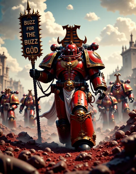 cinematic film still, low angle, ground up view. Depict a horned thous40k Berzerker of Khorne walking dramatically towards camera on a bloody battlefield, clad in intricate red and bronze power armor. This armor is covered in spikes, skulls, and the symbol of Khorne. In his right hand, he holds a large banner that says âBuzz for the Buzz Godâ. The background features a tumultuous sky with swirling clouds and a debris-covered ground, hinting at a recent battle. Other chaos marines are visible in the chaotic scene, with rich, vibrant colors and meticulous textures throughout, shallow depth of field, highly detailed, bokeh, moody, epic, gorgeous, film grain, grainy <lora:FluxThouS40k:1.0> thous40k <lora:Berzerker_of_Khorne_-_Warhammer_40000_Flux:0.8>