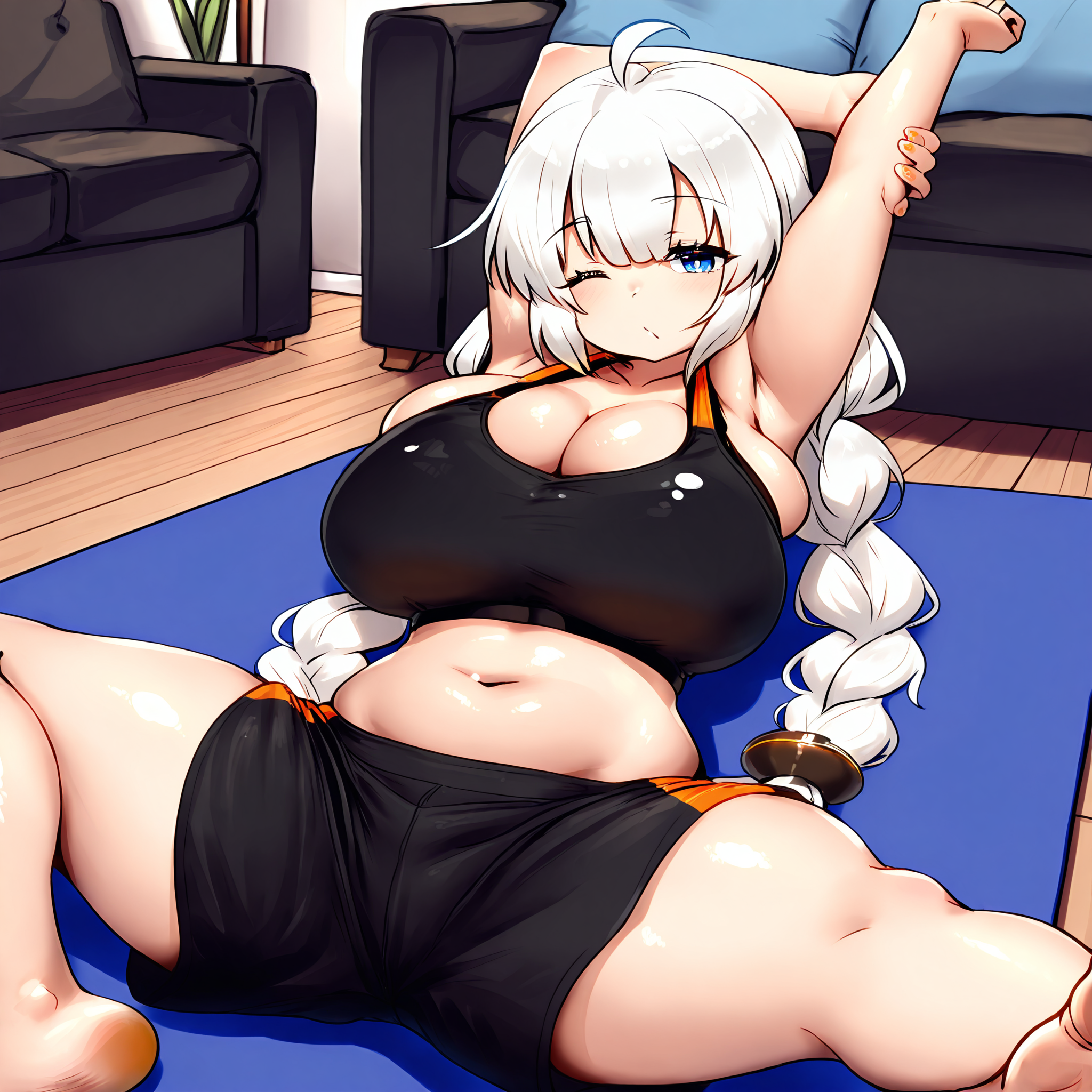 (masterpiece), best quality, (highly detailed), 1female, solo, <lora:Kizuna_Akari_Illustrious_r1:0.8> , Kizuna Akari, white hair, blue eyes, braids, big breasts, black sport bra, black gym shorts, living room, sitting on floor, yoga mat, stretching, <lora:Mo23_style_Illustrious:0.8>, bare feet, one eye closed, legs spread out,