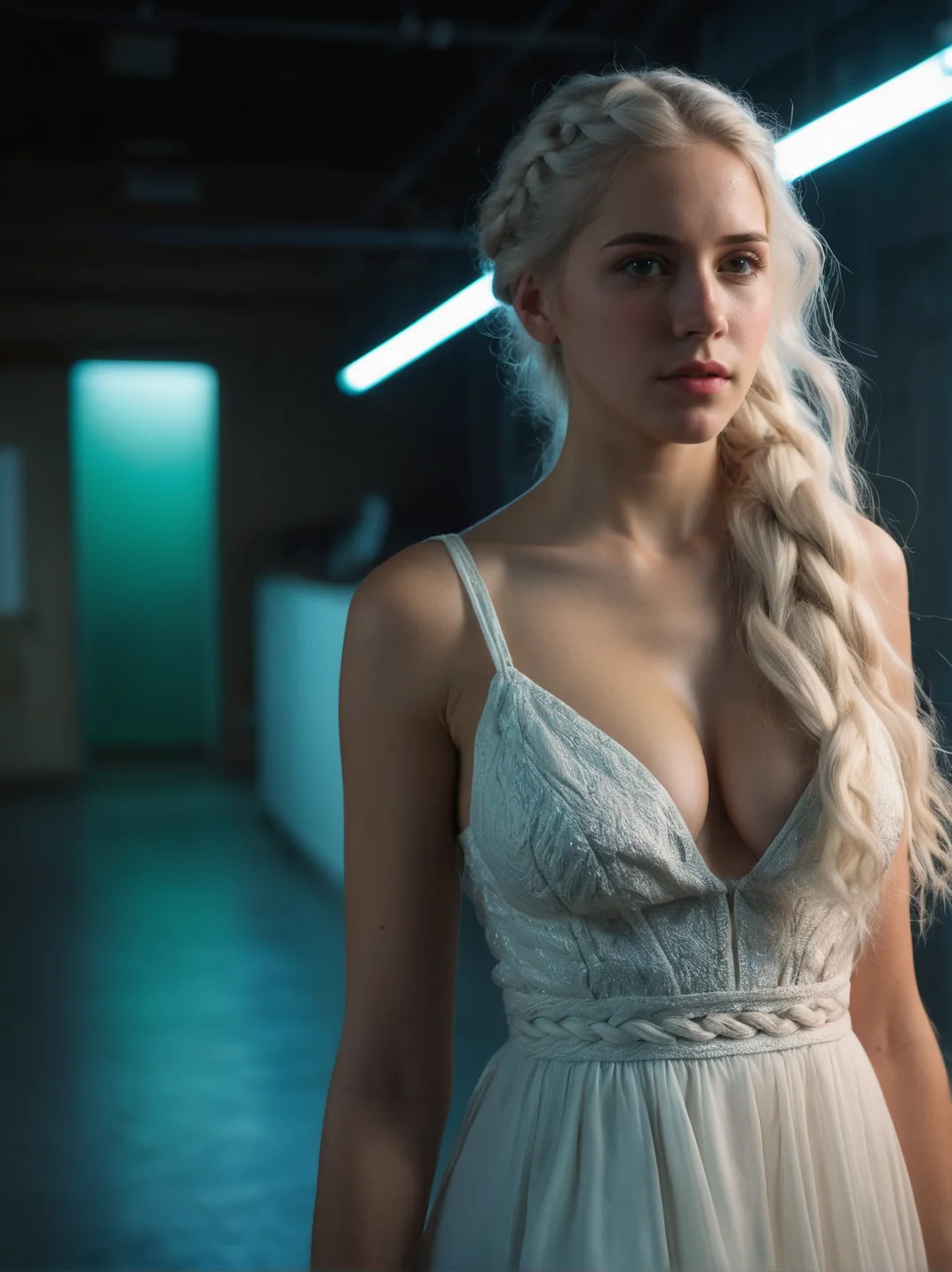 fashion photograph portrait of Milou_Ananias_P_MXAI_SDXL , sly expression, walking through a dark room, wearing a long (((real-bioluminescent-glowing-style))) dress,, (((Ultra-HD-details, Ultra-HD-detailed, Ultra-HD-realistic, Ultra-HD-photo-same-realistic-quality-details)))