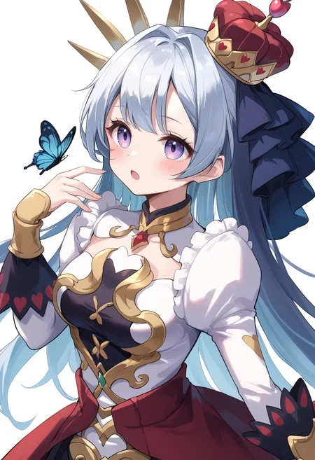 (score_9:0.9),score_8_up,score_7_up,rating_safe,anime style,(zPDXL),(zPDXL3),<lora:MALICE Queen Hearts of Crypter ponyXL v1:0.71>,mâlice queen hearts of crypter, 1girl, butterfly on hand, bug, solo, white background, :o, heart halo, open mouth, blush, medium breasts, simple background, blue butterfly, hand up, looking to the side, multicolored dress, red crown