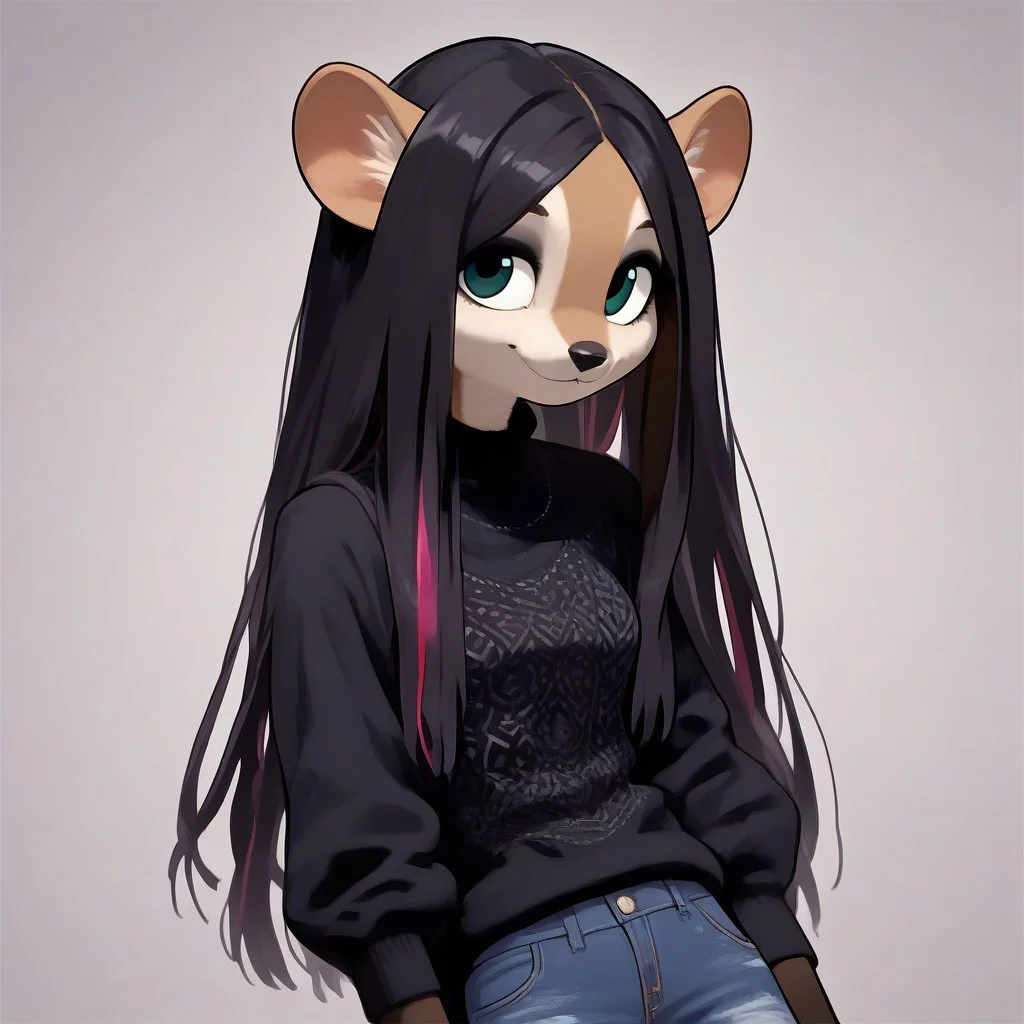 digital_media_(artwork) hi_res, score_9, score_8_up, score_7_up, score_6_up, score_5_up, score_4_up, rating_safe, beautiful, intricate, high quality details, highly detailed, anthro, furry, female, detailed textured fur, fur tufts, fluffy, slim, slender, cute, sweater, baggy denim pants, detailed sexy eyes, smile, solo, SFW, meerkat, long hair, multicolored hair, streaked hair, absurdres, highres, goth, heavy eyeliner, heavy eye shadow, breasts, shiroski