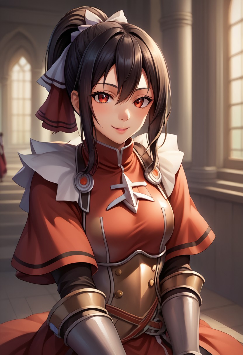 score_9, score_8_up, score_7_up, detailed, intricate details, chromatic aberration, realistic, veins source_anime, kuroinukaguya, , (best quality) , (highly detailed) ,((masterpiece)), ((best quality)), (ultra-detailed), ((extremely detailed)), (high resolution), 4K, (8K), best quality, (beautiful), (dynamic lighting), (super detailed skin), sharp focus, (1_girl, solo focus), score_9,score_8_up,score_7_up,anime coloring BREAK source_anime,anime, theresia (hortensia saga),  long hair, hair between eyes, black hair, red eyes, sidelocks,  , ponytail, hair ribbon, white ribbon, cuirras, armored boots, puffy sleeves, pantyhose, red capelet, fur collar, gauntlets, greaves, armored dress, turtleneck, , red skirt
Sitting, smiling, happy, grinning 
Face Focus, Upper Body detailed eyes、detailed face and detailed skin <lora:add-detail-xl:1.0>