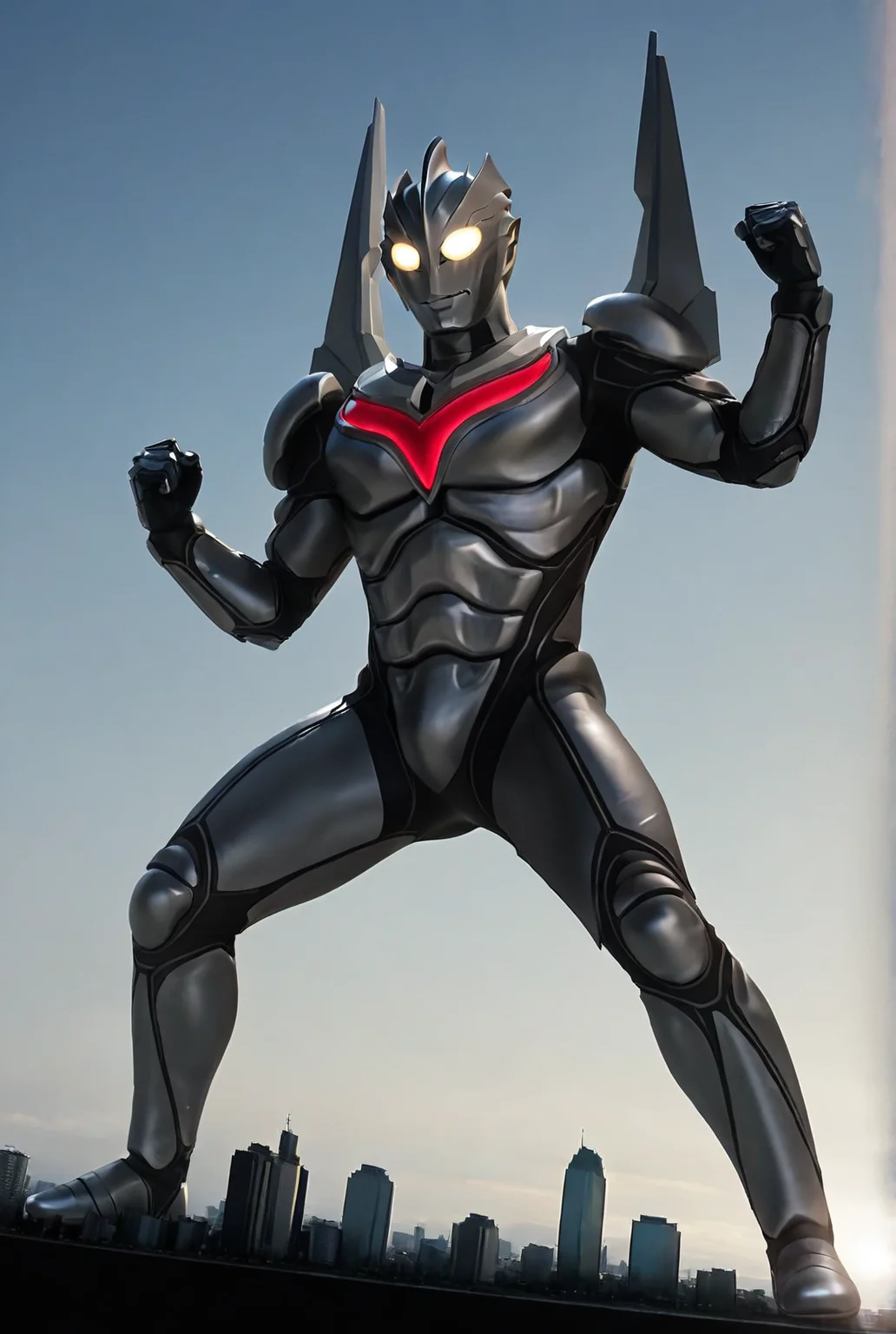 very awe,aesthetically pleasing,masterpiece,best quality,amazing quality,very aesthetic,ultra-detailed,high resolution,8k,1boy,solo,full body,bara,male focus,detailed face,bodysuit,alien,tokusatsu,yellow eyes,science fiction,no humans,glowing eyes,armor,from below,fighting stance,spread legs,perspective,blue sky,giant,cityscape,<lora:Ultraman Noa:0.8>,nuoya,