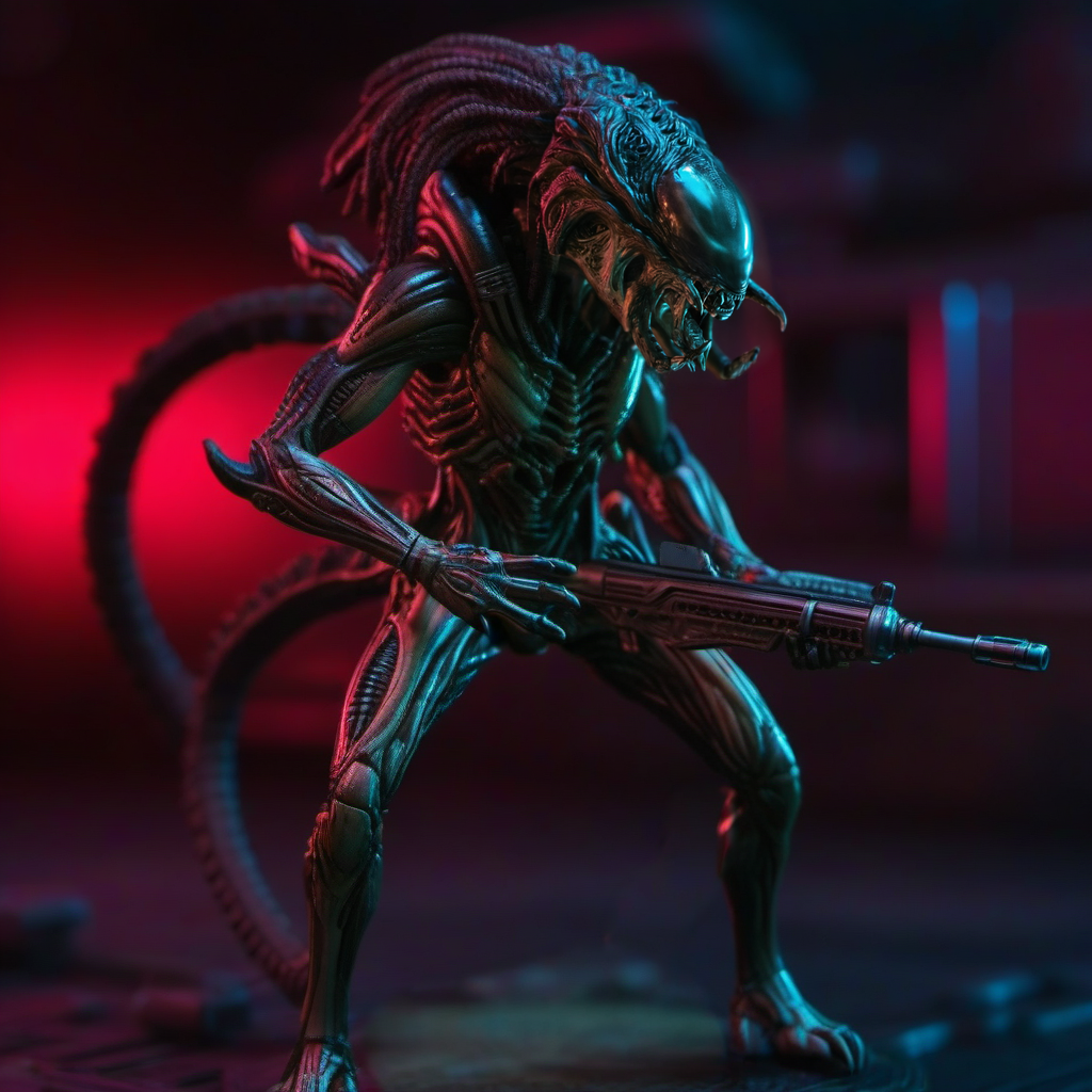 an alien, full body, holds a machinegun in a spaceship  <lora:Predalien1024:0.8>