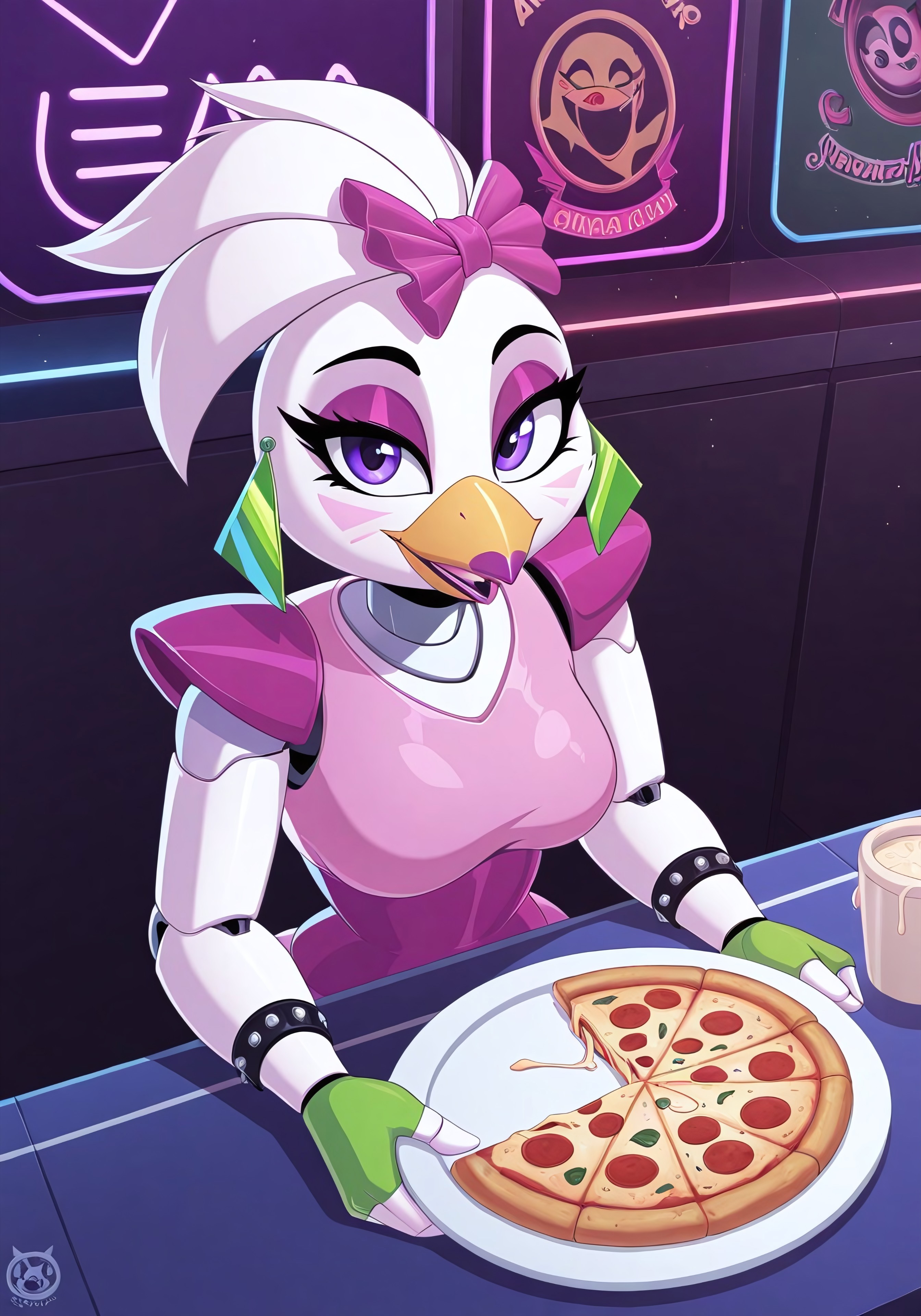 1girl, solo, female, masterpiece, best quality, newest, absurdres, highres, glamrockchicaILL, beak, furry, furry female, anthro, green triangle earrings, purple bow in hair, green fingerless gloves, shoulderpads, purple lipstick, animatronic, robot, animatronic, white skin, upperbody, sitting at counter, leaning on counter, pizza, pizza slice on 
 plate, styrofoam cup, looking at viewer, joints  facing viewer, arcade background, dynamic angle, foreshortening, safe for work, sfw, safe_pos