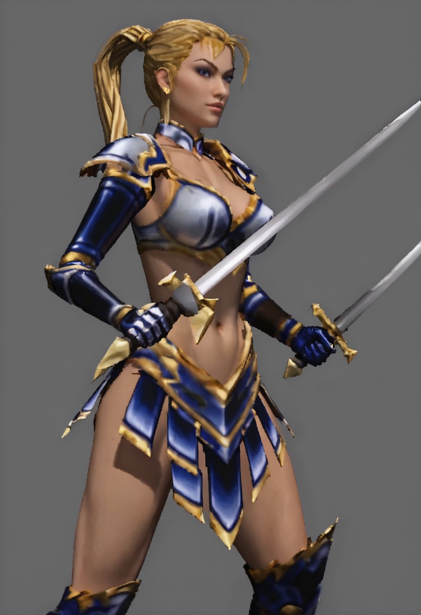 (score_9_up, score_8_up, score_7_up, score_6_up),, (high quality), (high resolution), 3D render , beautiful eyes, perfect lips, Taria_Mace, blonde hair, ponytail, blue eyes, bikini armor, dark-blue armor, thighhigh boots, greaves, shoulder armor, pauldron,  long sleeves armor, gauntlets, gold trim, weapon, two swords, standing, portrait, upper body, looking at view,  LARGE BREASTS, wide hips, slim waist, sexy BREAK, simple background, BREAK score_9, score_8, score_7