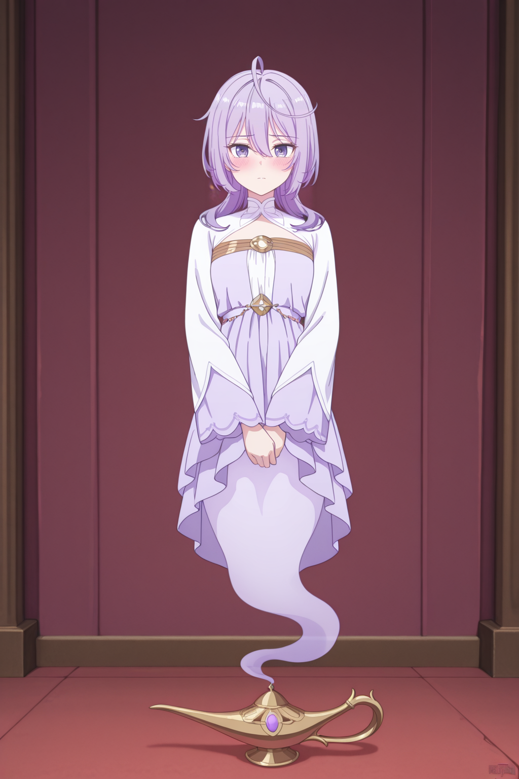 looking at viewer,facing viewer, front viewer,shy,blush,g3nie, genie tail, genie lamp, girl genie,<lora:Genie_-_IL:1> smoke genie tail, long genie tail, ghost tail, transparent tail, genie belt, no legs,  <lora:Philia_Adenauer__The_Too-Perfect_Saint__Kanpekisugite_Kawaige_ga_Nai_to_Konyaku_Haki_sareta_Seijo_wa_Ringoku_ni_Urareru:1> philia adenauer,purple hair,ahoge,long hair,blunt bangs,hair over shoulder,hair betveen eyes,purple eyes,small breasts,serious face,dress, two-tone dress, purple dress, white dress, sidelocks, long sleeves, white shoes,, breasts,digital illustration,1girl, masterpiece, best quality,highres,