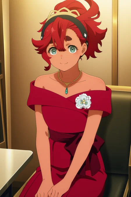anime screencap, anime coloring, detailed face, masterpiece, best quality, very aesthetic, absurdres, volumetric lighting,
 <lora:Suletta_Mercury_Mobile_Suit_Gundam_The_Witch_from_Mercury:1>
inside, fancy room,
Suletta red dress with white uniform (outfit), Suletta Mercury (character), 1girl, solo, suletta mercury, red dress, dress, red hair, solo, jewelry, sitting, necklace, hairband, thick eyebrows, black hairband, dark skin, dark-skinned female, off-shoulder dress
looking at the viewer, cute smile, hands on legs, cowboy shot
