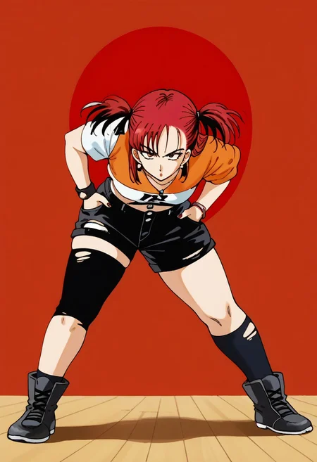 gakuro, 4kira, <lora:EarlyAkira_v4:1>, score_9, perfection, source_anime, ((perfect anatomy)), (athletic body), relaxed pose, hands on pocket, (mature female), gakuro, drgbls1, (akira toriyama style), score_9, perfection, source_anime, (athletic body), relaxed pose, confident demeanor, 1girl, solo, tomboy, delinquent girl, small breasts, wide hips, red hair, full body, eyelashes, black footwear, black ribbon, black shorts, black socks, black thighhighs, boots, cleavage, crop top, earrings, jewelry, kneehighs, nail polish, necklace, o-ring, short shorts, shorts, single kneehigh, single sock, single thighhigh, socks, thigh strap, thighhighs, torn clothes, two side up,