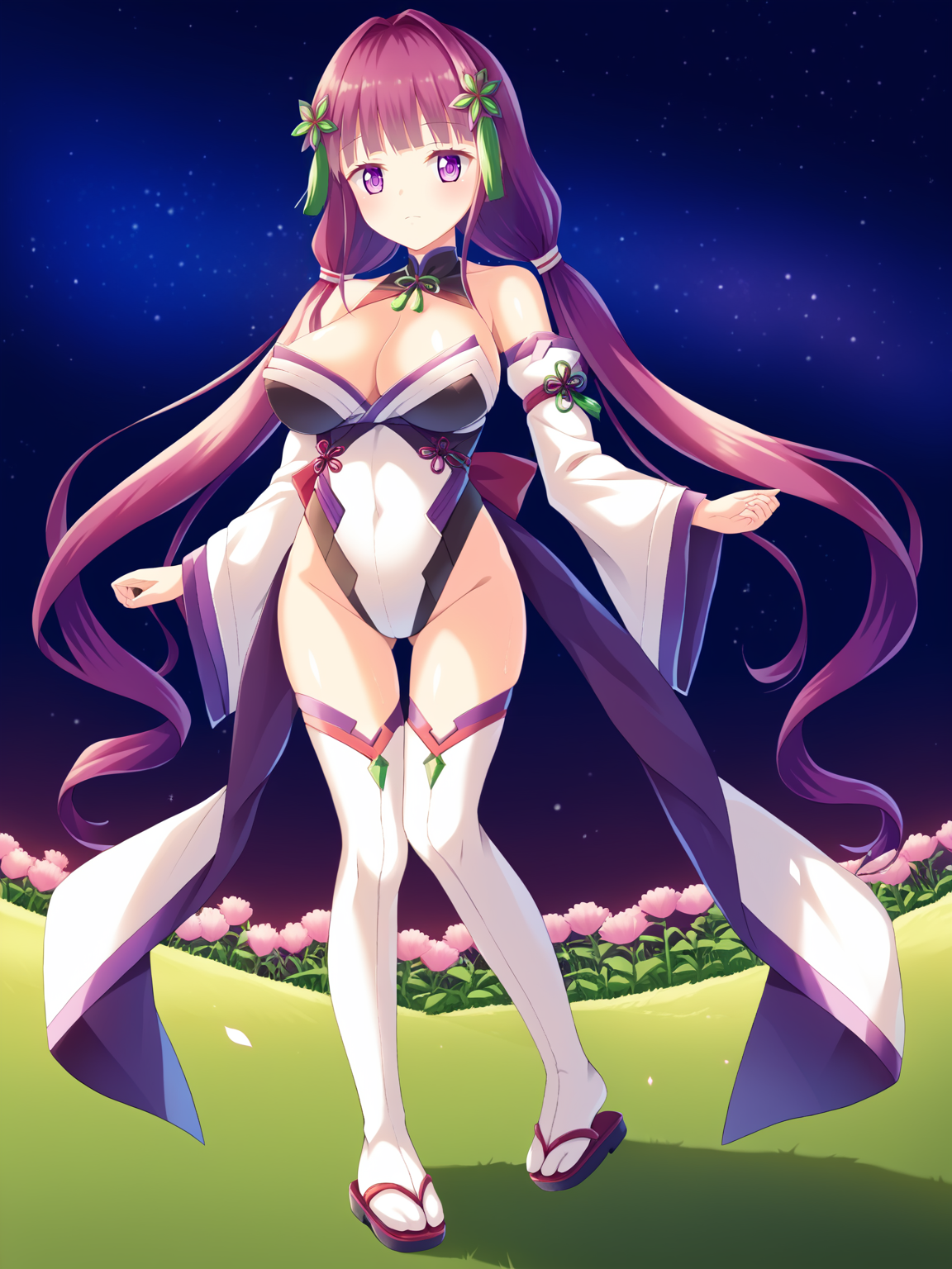 <lora:Escude_-_Yamizome_Liberator_-_All_in_One:1>,escude,uta,1girl,solo,breasts,long hair,thighhighs,twintails,purple eyes,low twintails,detached sleeves,white thighhighs,very long hair,large breasts,leotard,cleavage,covered navel,wide sleeves,standing,airband,hair ornament,bangs,violet hair,tabi,white footwear,bare shoulders,
outdoors,starry sky,flower field,, score_9, score_8_up, score_7_up,source_anime,(masterpiece),(best quality),(ultra-detailed),(best illustration),(best shadow),(absurdres),(detailed background),(very aesthetic),source_anime