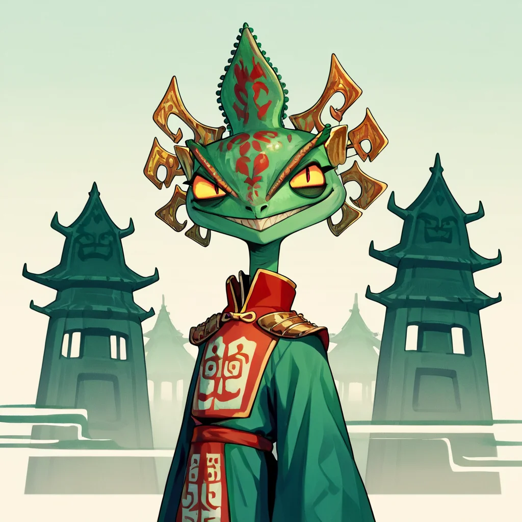 score_9, score_8_up, score_7_up, score_6_up, score_5_up, score_4_up, source_anime, chameleon, furry, china temple, evil grin, horror theme