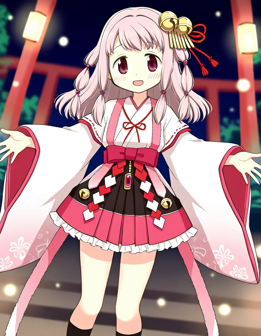 masterpiece, best quality, newest, absurdres, highres, safe, 1girl, tamaki ui \(miko ver.\), magia record: mahou shoujo madoka magica gaiden, miko, black kneehighs, outdoors, night, dutch angle, <lora:tamaki_ui_noobaiXLNAIXL_vPred10Version:0.7>