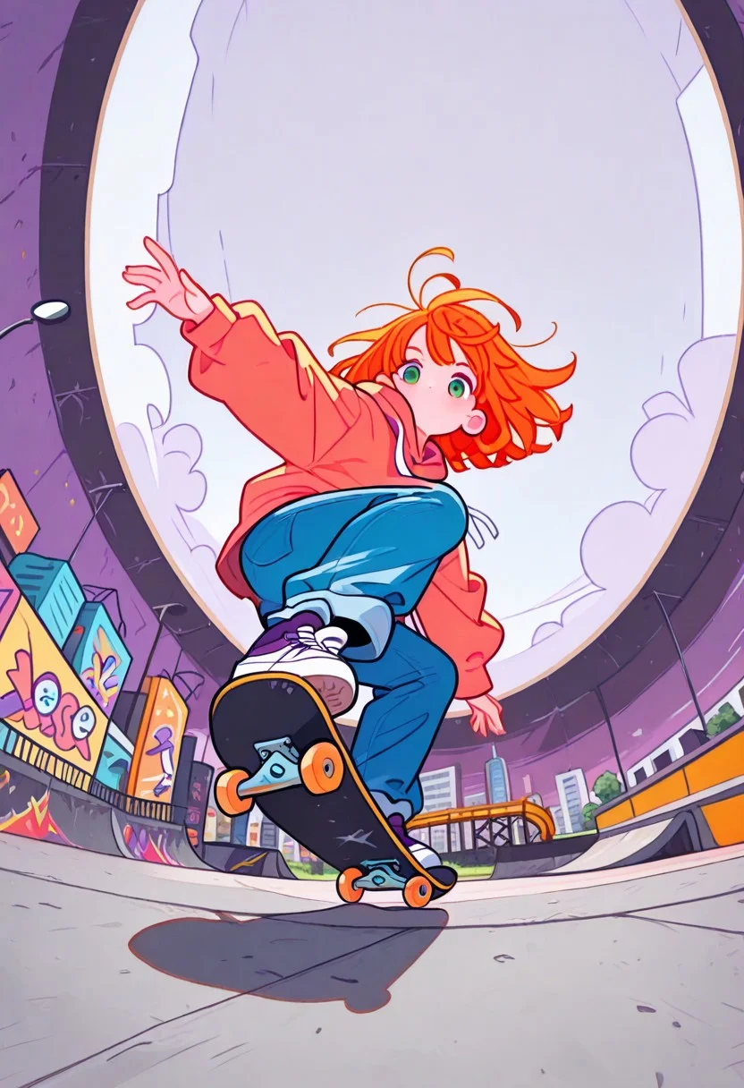 Colorful themes, High Saturation, masterpiece, best quality, newest, Smooth, very awa, super cute style, very aesthetic, flat colors, haiz_ai, M4gicalL1nes, 
1girl, solo, cute, kawaii, small, orange hair, bob cut, green eyes, fair skin, messy hair, floating hair, floating clothes, hoodie, jeans, high sneakers,
skateboard, jump, mid-air, trick, ollie, kickflip, motion lines, mid-air spinning skateboard, [[[legs apart]]], one leg forward, second leg behind and down, windy, looking forward, 
close up, from below, from side, dutch angle, dynamic angle, cinematic angle, (fisheye:2), low angle, city scape, outdoors, skate park, concrete, ramps, half-pipe, graffiti,