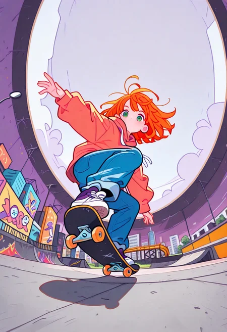 Colorful themes, High Saturation, masterpiece, best quality, newest, Smooth, very awa, super cute style, very aesthetic, flat colors, haiz_ai, M4gicalL1nes, 
1girl, solo, cute, kawaii, small, orange hair, bob cut, green eyes, fair skin, messy hair, floating hair, floating clothes, hoodie, jeans, high sneakers,
skateboard, jump, mid-air, trick, ollie, kickflip, motion lines, mid-air spinning skateboard, [[[legs apart]]], one leg forward, second leg behind and down, windy, looking forward, 
close up, from below, from side, dutch angle, dynamic angle, cinematic angle, (fisheye:2), low angle, city scape, outdoors, skate park, concrete, ramps, half-pipe, graffiti,