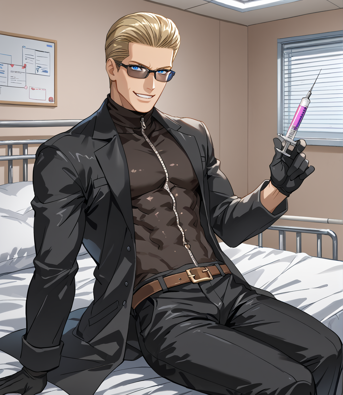 PonyScores7, source_anime, ah1, BREAK <lora:albertwesker-guy-PONYv1:0.8> albertwesker, albert wesker, 1boy, blonde, black gloves, (sunglasses:1.3), belt, black coat, black pants, looking at viewer, toned, athletic, fit, slicked back hair, black turtleneck, zipper, mature male, short hair, black boots, (<lora:1124 hospital bed_v1_pony:0.8> ruanyi1124,hospital bed,still life, sits on bed, holding syringe, medical syringe), (hospital, indoors, room, wearing white lab coat), (focused, intense glare, evil smile, smirking at viewer), blue eyes, (angular face, sharp_featured face), handsome, charming, alluring, BREAK <lora:xl_more_art-full_v1:0.2>, <lora:shinyskin2:0.2> glistening skin, <lora:aesthetic_anime_v1s:0.2>, <lora:Expressive_H:0.2> Expressiveh, <lora:hairdetailpxl:0.2> hairdetailpxl, <lora:EpicF4nta5yXL:0.2>, <lora:detailxl:0.2> detailxl, <lora:Fant5yP0ny:0.2>, best quality, amazing quality, best aesthetic, absurdres, <lora:expressive eyes:0.2> expressive eyes, <lora:eyedetailpxl:0.2> eyedetailpxl, illustration, Volumetric_Lighting, ultra-detailed, very aesthetic, intricate details, 8k, masterpiece, best_quality, BREAK <lora:Eyes_High_Definition:0.3> EyesHD, Stable_Yogis_PDXL_Positives, AS-Adult, <lora:Complicated fantasy portrait - XL Pony V2.0:0.4>, bad-hands-5, AS-MidAged, <lora:natsumi_style:0.5>,