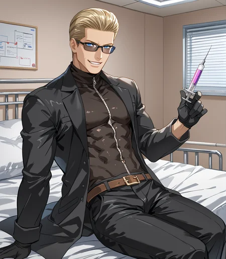 PonyScores7, source_anime, ah1, BREAK <lora:albertwesker-guy-PONYv1:0.8> albertwesker, albert wesker, 1boy, blonde, black gloves, (sunglasses:1.3), belt, black coat, black pants, looking at viewer, toned, athletic, fit, slicked back hair, black turtleneck, zipper, mature male, short hair, black boots, (<lora:1124 hospital bed_v1_pony:0.8> ruanyi1124,hospital bed,still life, sits on bed, holding syringe, medical syringe), (hospital, indoors, room, wearing white lab coat), (focused, intense glare, evil smile, smirking at viewer), blue eyes, (angular face, sharp_featured face), handsome, charming, alluring, BREAK <lora:xl_more_art-full_v1:0.2>, <lora:shinyskin2:0.2> glistening skin, <lora:aesthetic_anime_v1s:0.2>, <lora:Expressive_H:0.2> Expressiveh, <lora:hairdetailpxl:0.2> hairdetailpxl, <lora:EpicF4nta5yXL:0.2>, <lora:detailxl:0.2> detailxl, <lora:Fant5yP0ny:0.2>, best quality, amazing quality, best aesthetic, absurdres, <lora:expressive eyes:0.2> expressive eyes, <lora:eyedetailpxl:0.2> eyedetailpxl, illustration, Volumetric_Lighting, ultra-detailed, very aesthetic, intricate details, 8k, masterpiece, best_quality, BREAK <lora:Eyes_High_Definition:0.3> EyesHD, Stable_Yogis_PDXL_Positives, AS-Adult, <lora:Complicated fantasy portrait - XL Pony V2.0:0.4>, bad-hands-5, AS-MidAged, <lora:natsumi_style:0.5>,