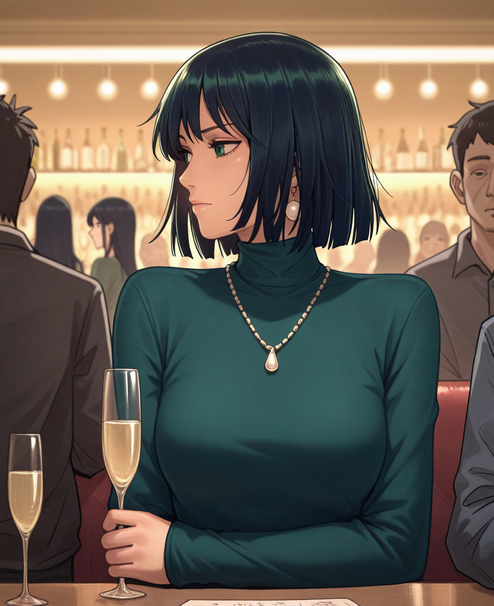 <lora:ttfC:1> ttf,
(masterpiece), (best quality), (ultra-detailed), amazing quality, very aesthetic, illustration, perfect composition, intricate details, absurdres, incredibly absurdres, shiny skin, realistic,
 ttf, 1girl, green eyes, necklace, jewelry, black hair, cup, short hair,  cup, , drinking glass, champagne, solo focus, green sweater, sweater, dress, closed mouth, 1boy, looking to the side, long sleeves, champagne flute, green dress, turtleneck, general