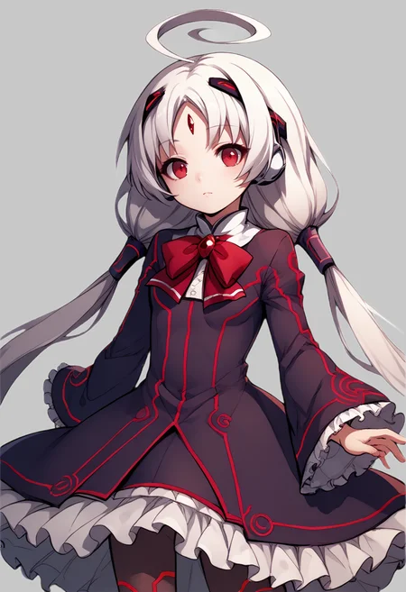score_9, score_8_up, score_7_up, source_anime BREAK 1girl, solo, <lora:uni_vatista:1>, uni_vatista, cowboy shot, black dress, wide sleeves, red bowtie, petticoat, black pantyhose, neon trim, white hair, low twintails, very long hair, ahoge, jewel, parted bangs, hair ornament, robot ears, red eyes, looking at you, simple background