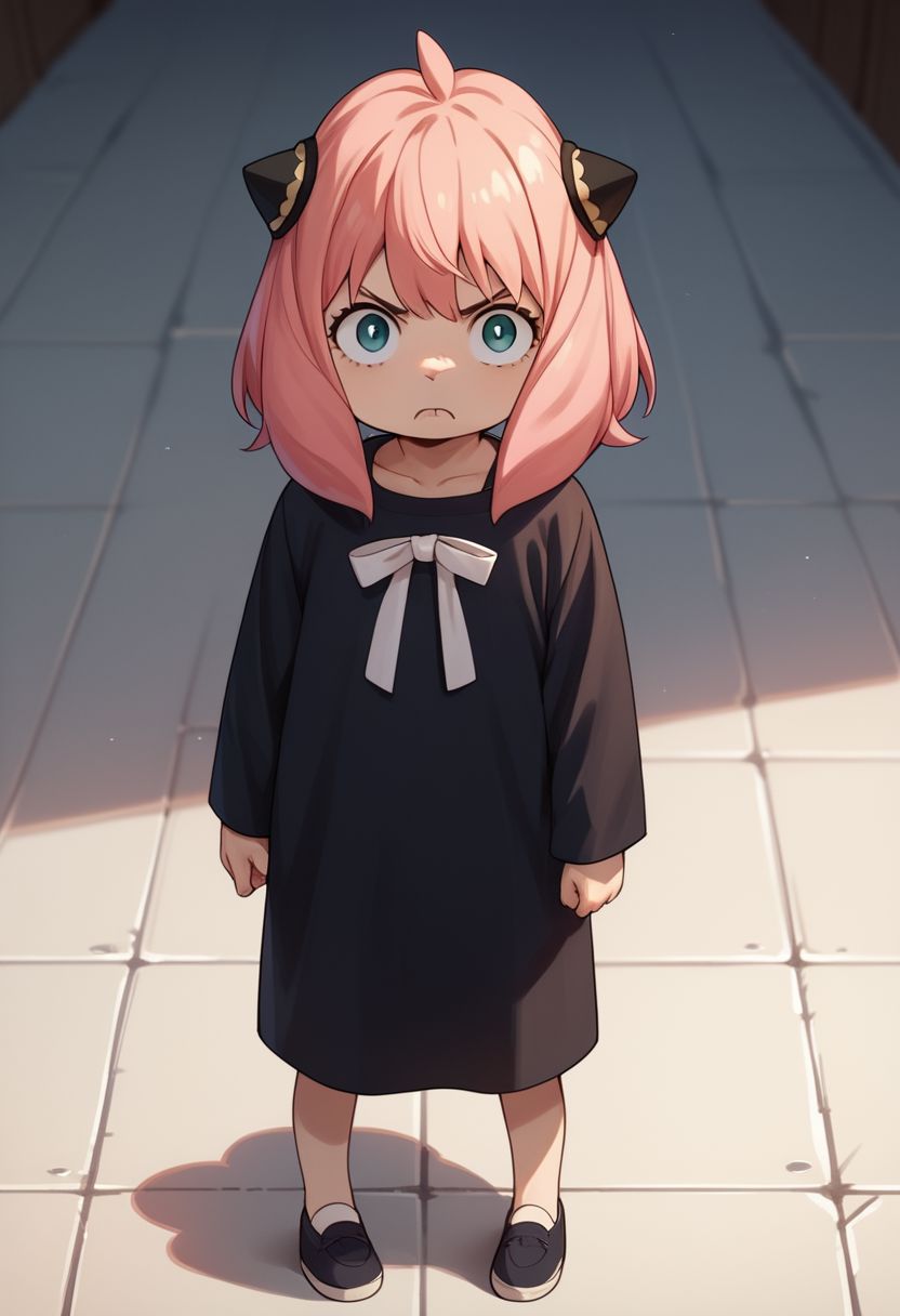 score_9, score_8_up, score_7_up, score_6_up, score_5_up, score_4_up, an_ya, pink hair, standing, child, pointing at viewer, determined face, OverallDetail, fFaceDetai, black dress