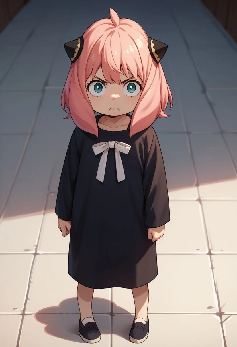 score_9, score_8_up, score_7_up, score_6_up, score_5_up, score_4_up, an_ya, pink hair, standing, child, pointing at viewer, determined face, OverallDetail, fFaceDetai, black dress