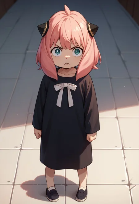 score_9, score_8_up, score_7_up, score_6_up, score_5_up, score_4_up, an_ya, pink hair, standing, child, pointing at viewer, determined face, OverallDetail, fFaceDetai, black dress