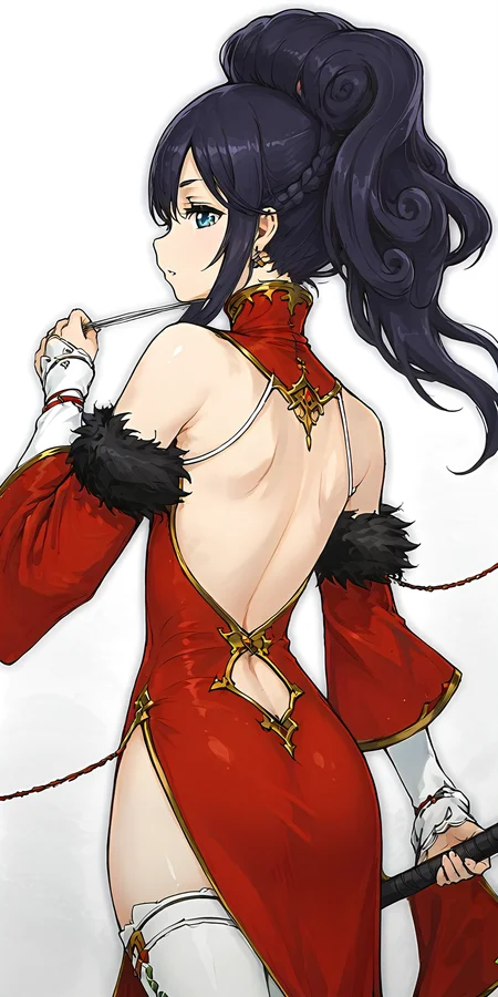 <lora:Light of Genesis_(Langrisser)-000090:1>,light of genesis_(langrisser),outfit_(main),detached sleeves,revealing clothes,bare shoulders,white thighhighs,navel,side slit,from behind,