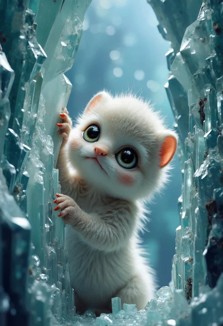 a picture of a of a small fat fluffy creature, whose fur is decorated with small polished crystals, which looks out curiously between two huge crystals, it holds on to the large crystals and leans forward slightly to take a close look at its surroundings, it is super cute and fluffy and looks at the viewer with big sparkling eyes, it's super cute how it looks up from the bottom, the scene takes place in a crystal cave, the walls are decorated with unpolished shiny crystals that reflect the light in the cave and everything on illuminate a harmonious and peaceful way,