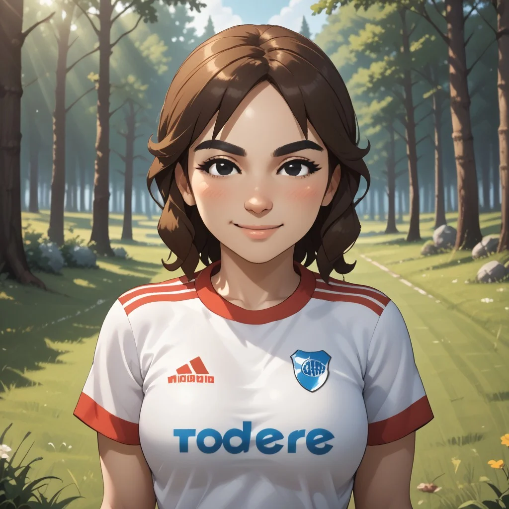 score_9, score_8, BREAK, solo, mii, wii u, wii sports club, female mii, 1girl, cute, brown hair, black eyebrows, black eyes, small nose, white skin, smile, blush, RiverPlate, striped shirt, striped, shirt, white shirt, short sleeves, clothes writing, sportswear, soccer uniform, breasts, Marit_(\Wii_Sports_Club\), Nintendo Mii, modern_mii, classic_mii, adult female, mature female, sexy pose, self portrait, smile, outdoors, sunlight, shadows, evening lighting, natural lighting, forest, trees, grass, orange sky, sunset