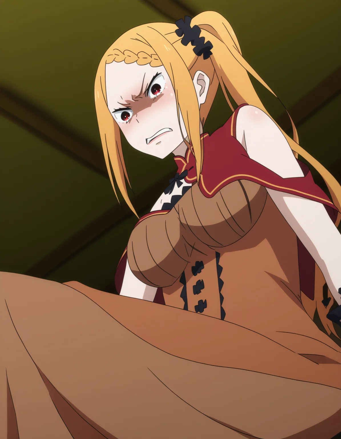 <lora:Priscilla_Barielle_ReZero:1>, red blonde hair, red eyes, priscilla barielle, sitting, from below, disgusted, looking down