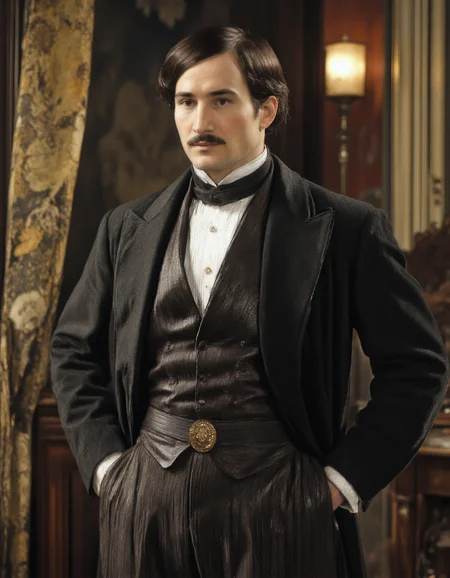 Full body shot  of mature 45yo man, <lora:1900s_Drama_Movie:1>, ArsMovieStill, movie still from a 1900s drama movie, <lora:GOGOL:1>